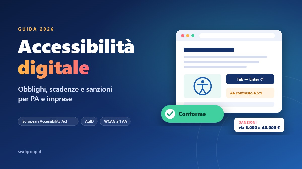 Copertina della guida 2026 sull'accessibilità digitale: obblighi, scadenze e sanzioni per PA e imprese, con l'icona dell'accessibilità su una pagina web