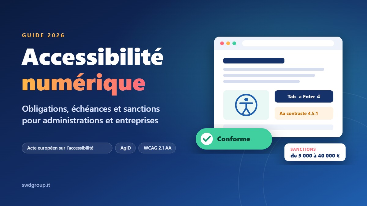 Couverture du guide 2026 sur l'accessibilité numérique en Italie : obligations, échéances et sanctions, avec l'icône de l'accessibilité sur une page web