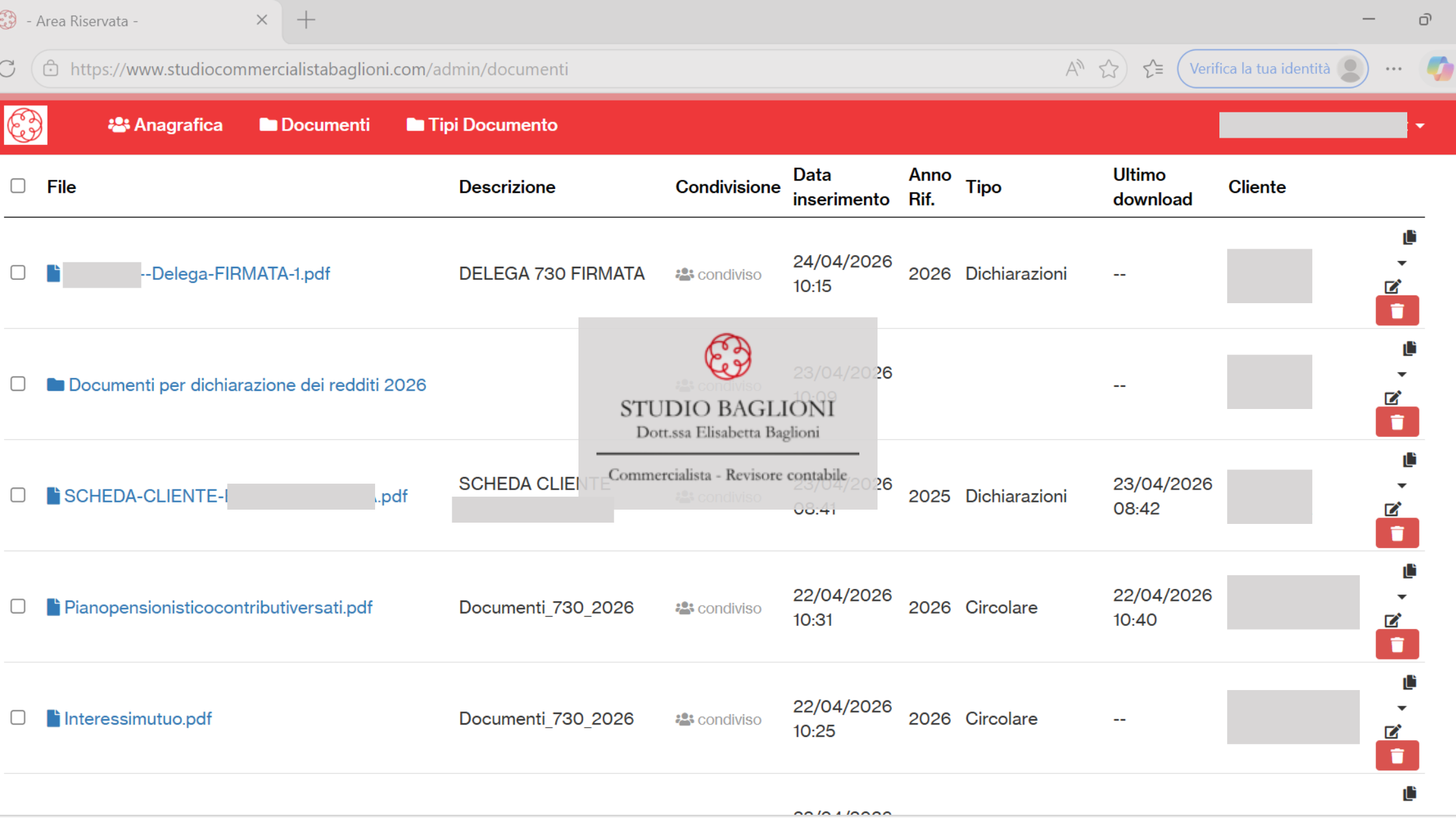 area riservata dell'erp per lo studio commercialista Baglioni