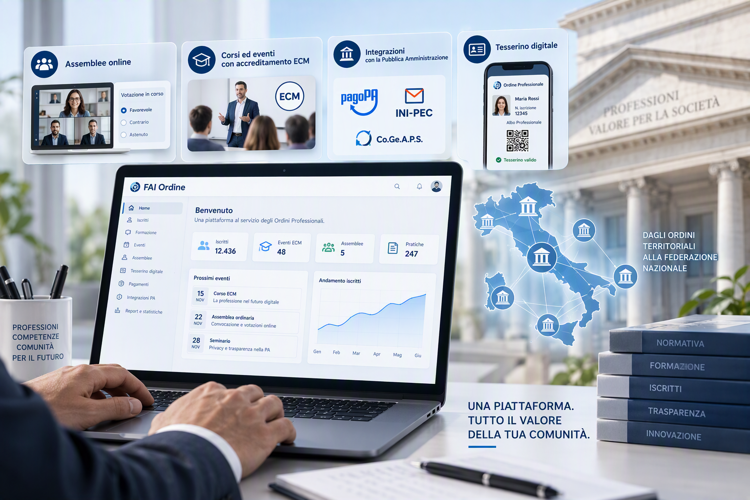 FAI Ordine: assemblee online, corsi ECM, integrazioni PagoPA, INI-PEC e Co.Ge.A.P.S. e tesserino digitale per Federazioni e Ordini